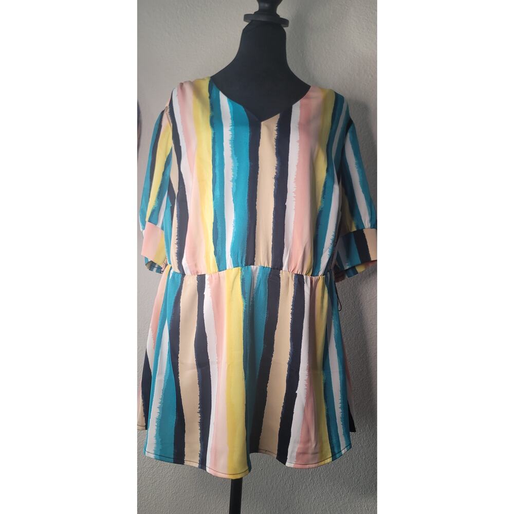 Lane Bryant V-Neck Tie-Front Peplum Blouse with a Multi-colored Striped Print.